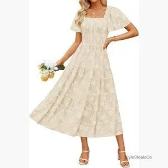 Dresses & Skirts - Summer Floral Midi Dress Short Sleeve Square Neck Boho Beach Vacation